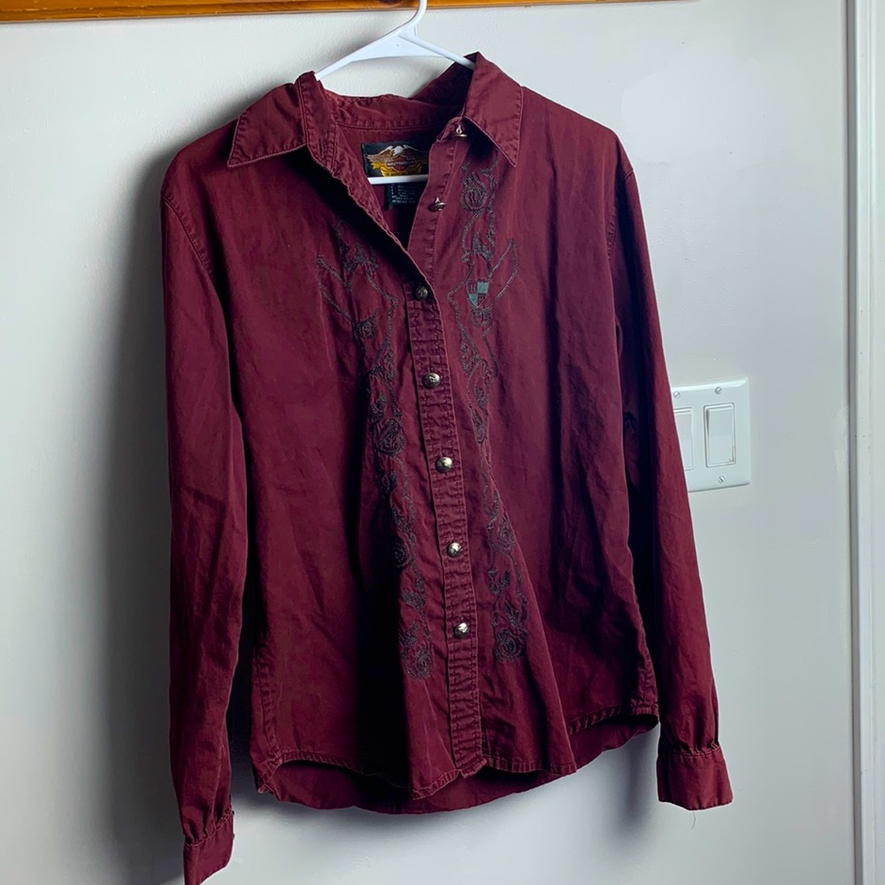 Harley-Davidson maroon burgundy button down western shirt size medium